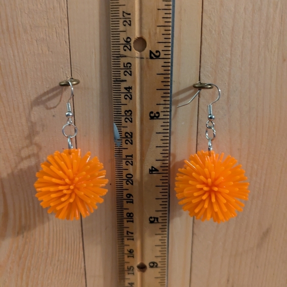 Bright Orange Pom Pom Earrings - Picture 1 of 4